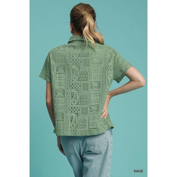 Umgee Lace Patches Detail Short Sleeves Button Down Relaxed Fit Shirt | Sage - Picture 2 of 7